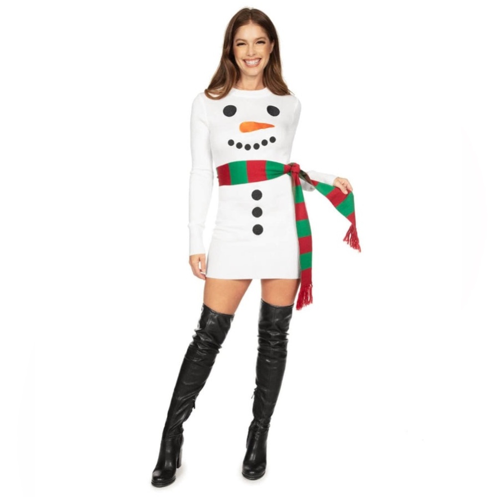 New ⛄️ Born Famous White Christmas Snowman Stretchy Cute Holiday Sweater Dress - Picture 1 of 16